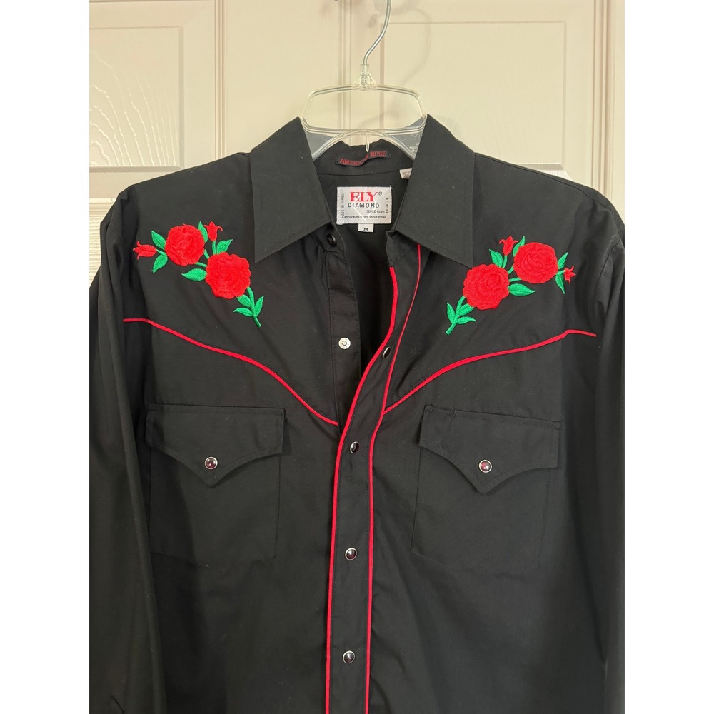 Ely Diamond Shirt Mens M American Rose Western Pearl Snap Embroidered Floral VTG